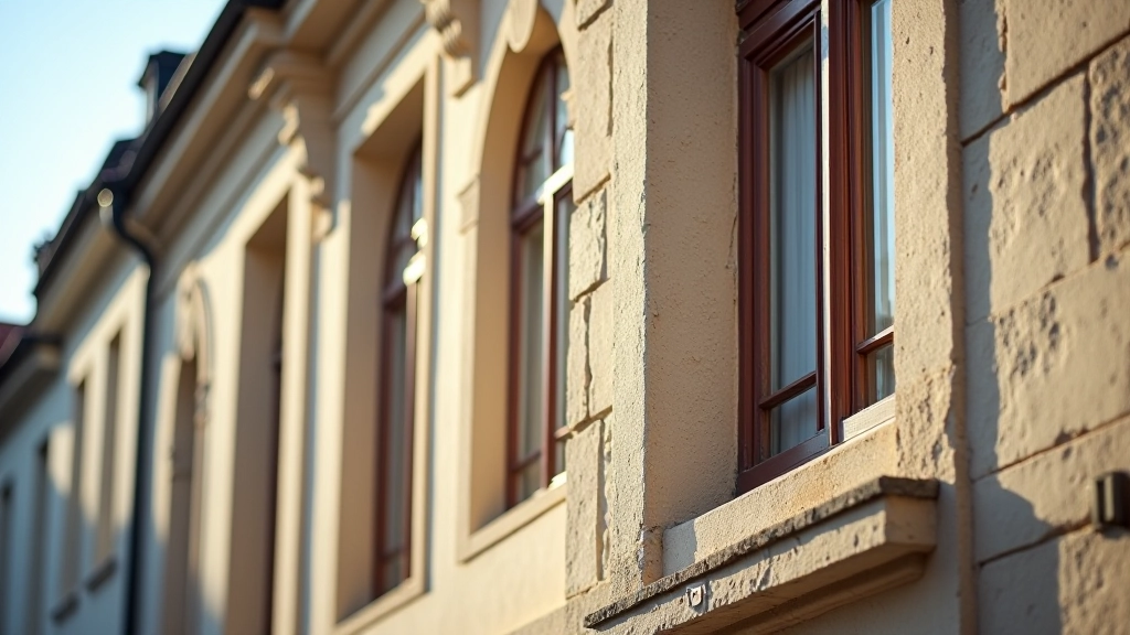 Detailní záběr historické stavby s detaily fachwerku a tesařských prvků